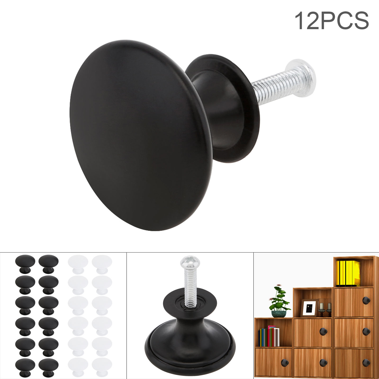 12 stks Mat Zwart/Wit Ronde Enkel Gat Kast Knop voor Dressoir/Laden/Kast met Schroeven, kast Hardware Lade Knop