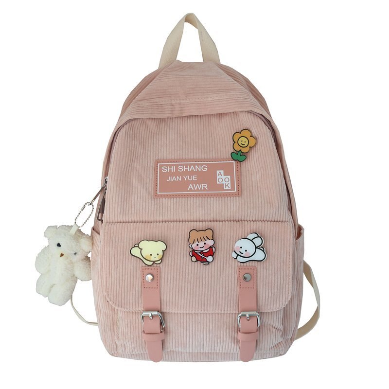 Cute Corduroy Backpacks for School Teen Girls Patchwork Colorful Bagpack Kids School Bags Double Buckles Travel Knapsack H246: pink / only pins