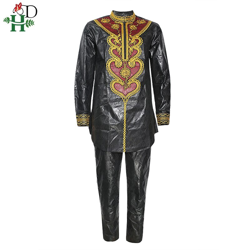 H & D Dashiki Mannen Shirt Broek Pak Borduurwerk Bazin Lange Mouwen Tops Met Broek Plus Size Afrikaanse Mannen Kleding Gewaad Africain