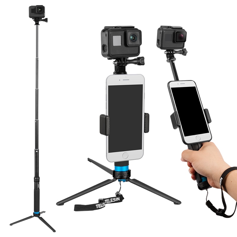 Håndholdt aluminium selfie stick telefonholder + stativ mount til insta 360 en x gopro hero 8 7 6 5 4 session 3+ max tilbehør