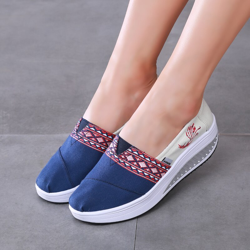 Women Breathable Toning Shoes Canvas Platform Wedge Fitness Slimming Sneakers Spring Autumn Red Blue Lose Weight Swing Sneakers