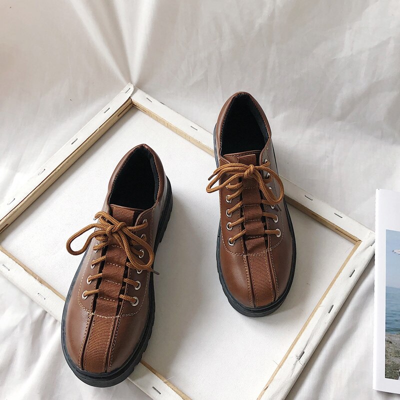Patchwork cross-tied round toe oxfords creepers muffin british shoes women sewing brand flats all match leather footwear: Brown / 8.5