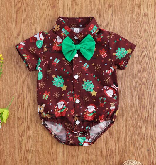 Christmas 0-24M Baby Girls Boys Bodysuits Santa Print Short Sleeve Bow Tie Gentleman Party Jumpsuits: A / 18M
