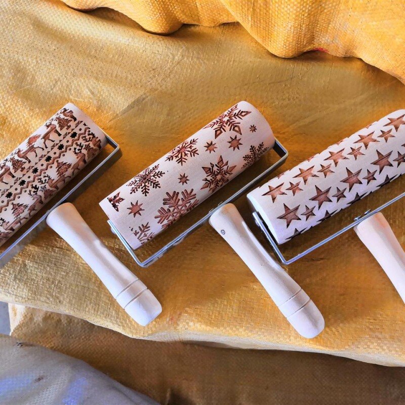 Christmas Embossed Rolling Pin Baking Cookies Roller Christmas Wooden Rolling Pins For Baking Embossed Cookies