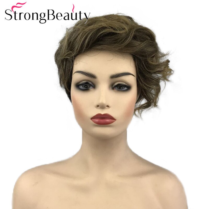 StrongBeauty Short Women Synthetic Capless Wig Pixie Cut Hair Asymmetrical Side Bang Short Curly Wigs: 4-27TF