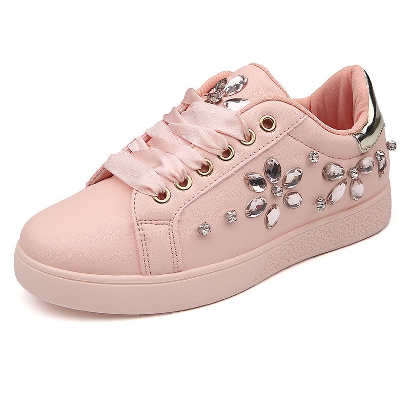Fujin – Espadrilles en cuir souple avec perles et strass pour femmes, chaussures plates, mocassins, baskets de fête,: rhinestone pink / 6