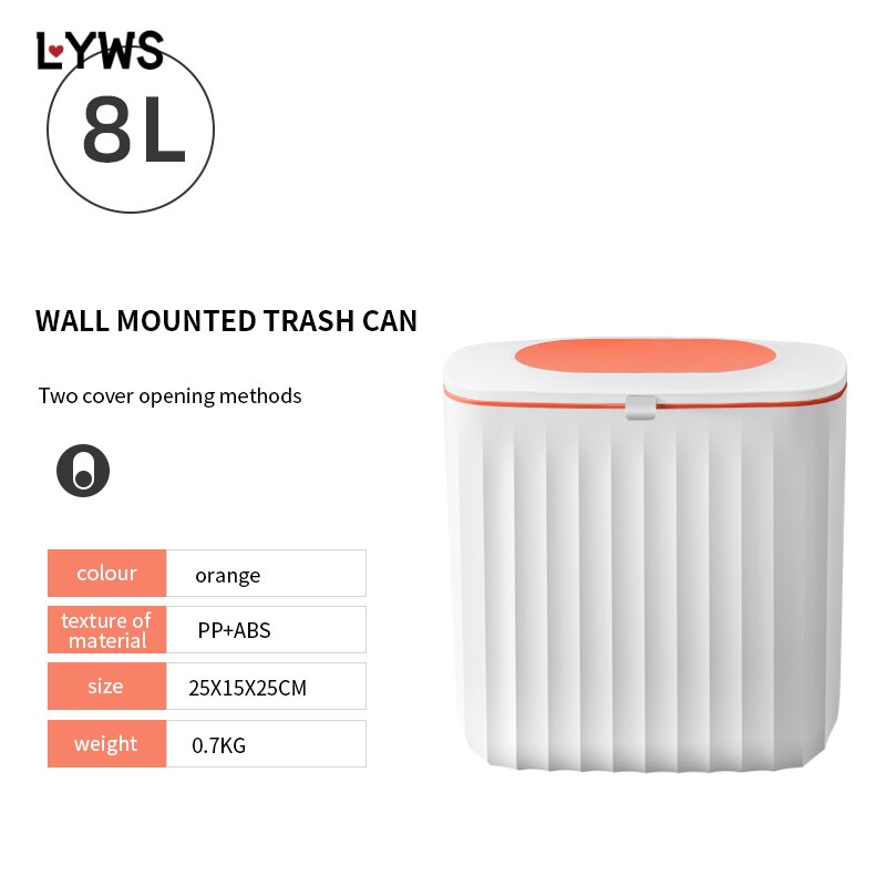 Wall Mounted Trash Can Kitchen Cabinet 8L Wall Hanging Recycling Waste Bin With Lid Garbage Bin Kitchen Bathroom Toilet Dustbin: 8L Orange