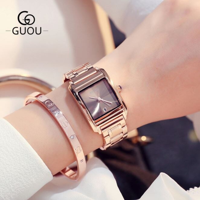 Dameur dameure guou rosa guld armbåndsur rustfrit stål auto date ur ur relogio feminino saat: Brun