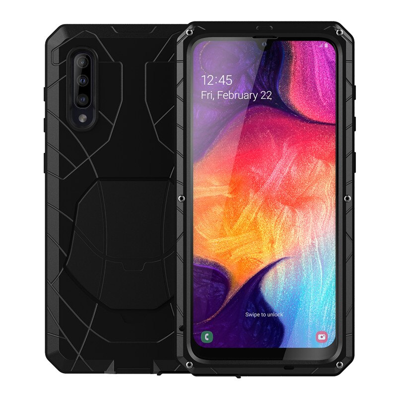 Für Samsung Galaxy A50 Telefon Fall Harte Aluminium Metall Gehärtetem Glas Screen Protector Abdeckung Heavy Duty Schutz Silicon Abdeckung: black