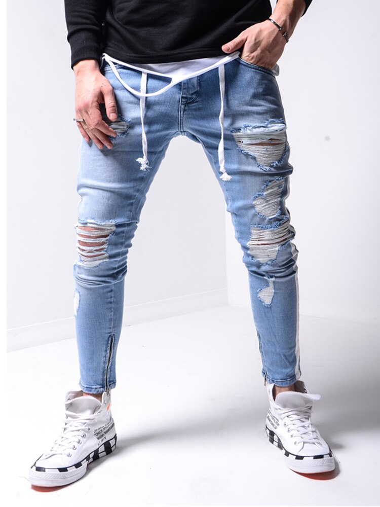 Män stretchiga trasiga hål skinny jeans sidrand dragkedja penna byxor jeans fritidsbyxor hip hop sweat byxor: Blå / Xl