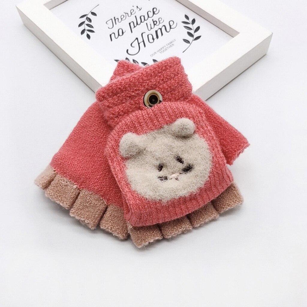 Winter Mittens Gloves Children Girls Winter Cute Cartoon Mittens Gloves Girls Knitted Convertible Fingerless Mittens Gloves