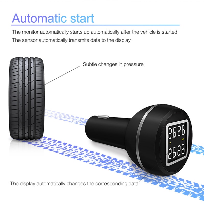 CARCHET 12V Car TPMS Tire Pressure Alarm Monitoring System With USB Charging Port + 4 External Self Replaceable Battery Sensors