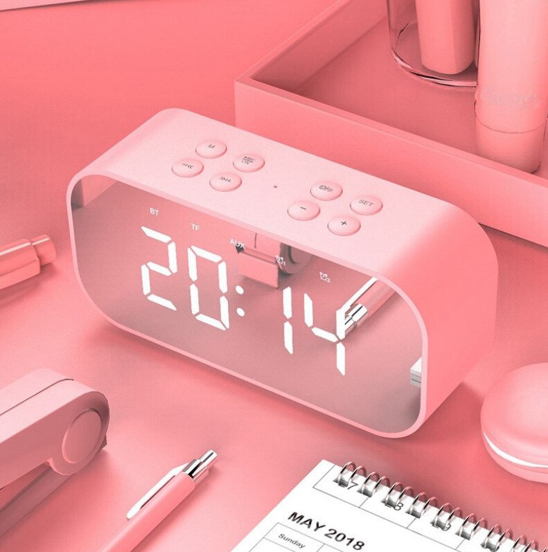 Alarm Clock Digital with Snooze Function Wireless Bluetooth Speaker Alarm Color Luminous Led Mirror Reveil: Pink