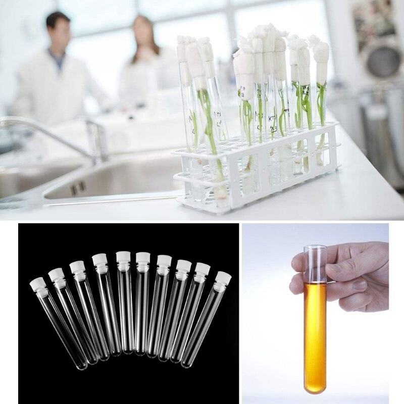 20 piezas tubo de ensayo de plástico transparente de 100x12mm, Vial de tubo de fondo redondo con tapa, suministros de laboratorio de oficina para experimentos