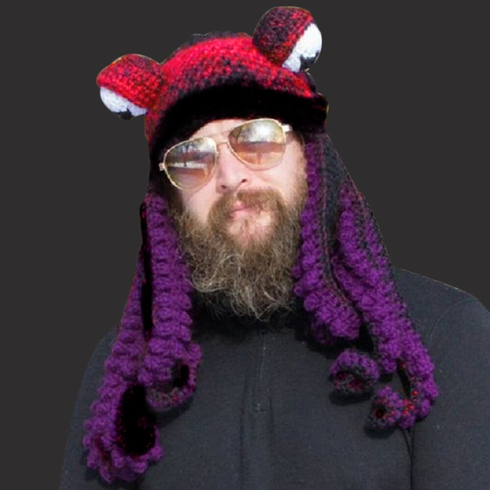 Knit Octopus Hats Beard Hand Weave Wool Christmas Cosplay Party Funny Tricky Headwear Warm Winter Men Hat Bonnet: Purple