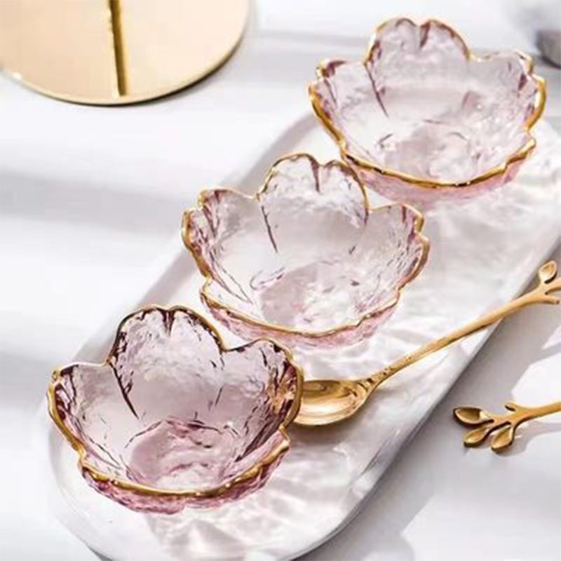 1-3Pcs Japanese Style Small Glass Plate With Golden Border Mini Seasoning Dessert Cute Style Sakura Bowl For Ice Cream Sala