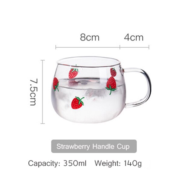 Olla de agua fría de cristal de fresa Kawaii, tetera de zumo de fruta de gran capacidad, tetera de cristal resistente al calor para hervir copas lindas de agua: 350ml