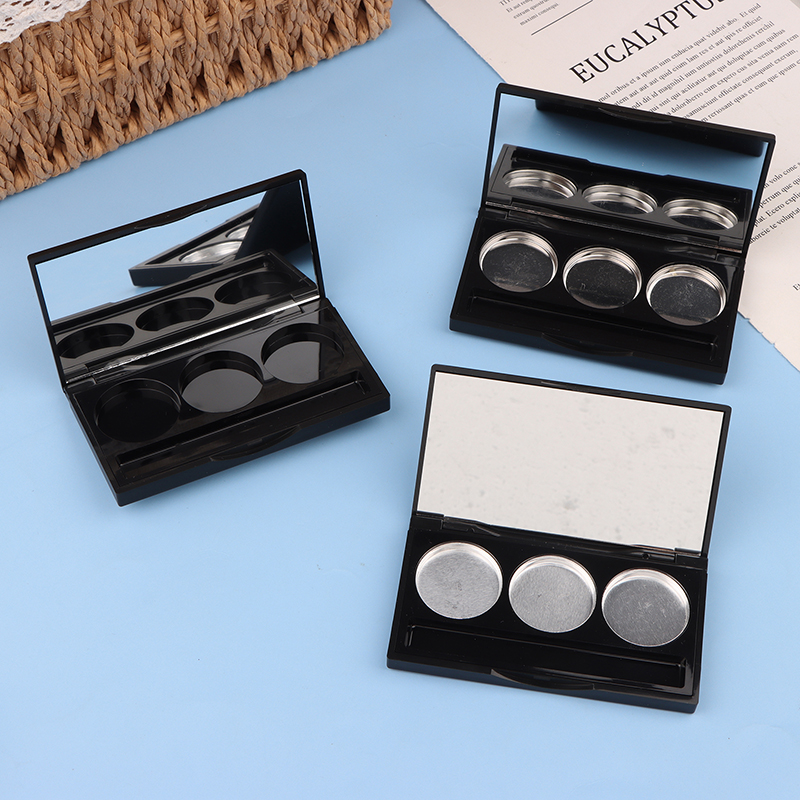 Quadratische leere Lidschatten-Palette mit 3 Fächern und festem Aufkleber und Aluminiumplatte, Kunststoff-Kosmetikbehälter, transparenter Make-up-Koffer