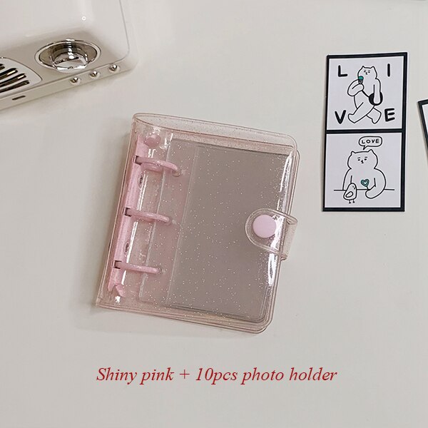 ARYA 10x10cm Portable Planner Notebook 3Holes Shiny Cute Mini Diary 3'' Photocard Album Holder Kawaii Diary Binder: pink card holder