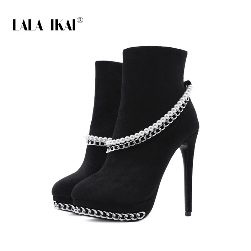 LALA IKAI frauen Stiefeletten Perle Kette Wies Plattform High Heel Boot ZIP Weibliche Herbst Winter Große Größe XWC10393-4: Suede / 4,5