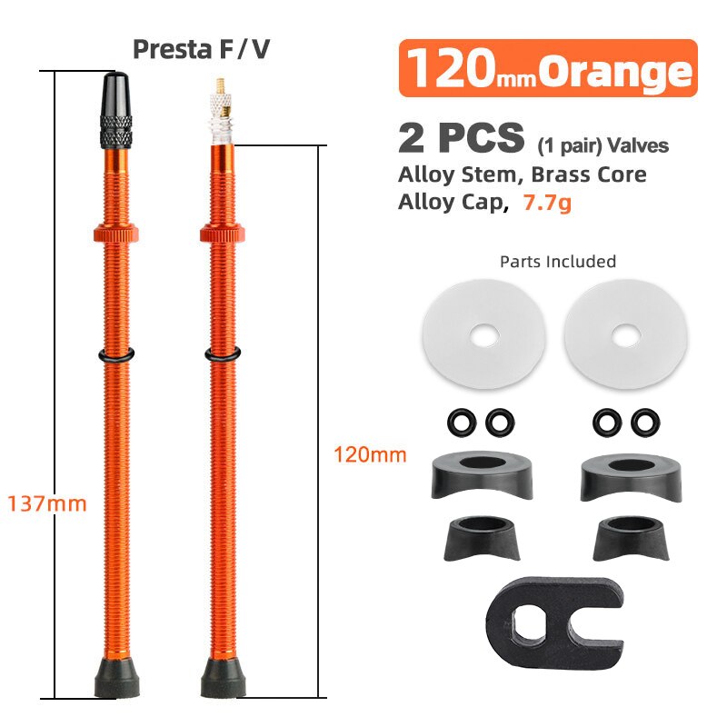 Deemount 2PCS Bicycle Tubeless Tire Presta Valve Brass Core Optional Brass Alloy Stem 40/60/80/100/120mm W/ Alloy Cap &amp; Tool: 120mm Alloy Orange B