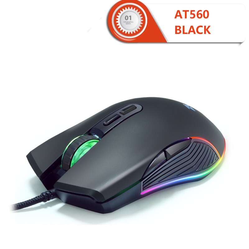 Ergonomic USB Wired Gaming Mouse 7 Button LED Computer Gamer Optical Mouse With RGB Backlight For PC Laptop Game: AT560 Black Mouse
