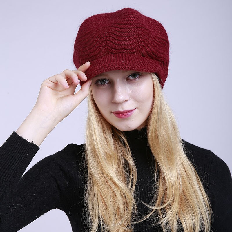 Autumn Winter Brim Wool Hat Solid Color Soft Beanie Female Women Warm Fleece Inside Knitted Visors Cap: Wine Red