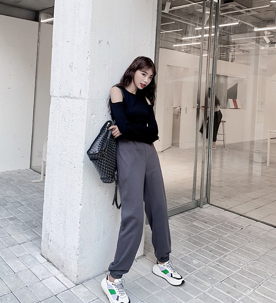 Pantalon de survêtement gris pour femmes, couleur unie, taille haute, ceinture, jogging, sport de rue, Harlan