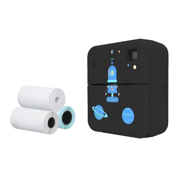 Brand Mini Photo Printer 1080P Instant Print Camera Wireless Thermal Label with 3 Roll Printer Paper for Travel List Work Memo: black