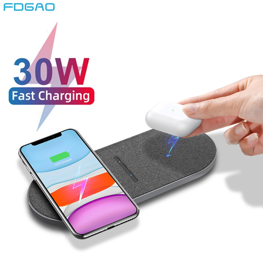 FDGAO 2 in 1 30W Wireless Charger for iPhone 12 Pro Max Mini 11 XS XR X 8 Airpods Qi Dual Fast Charging Pad For Samsung S20 S10