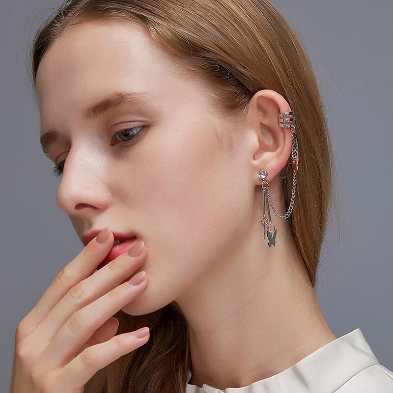 Mode Vlinder Clip Oorbellen Oorhaak Rvs Oor Clips Dubbele Doorboord Oorbel Trend Vrouwen Meisjes Sieraden