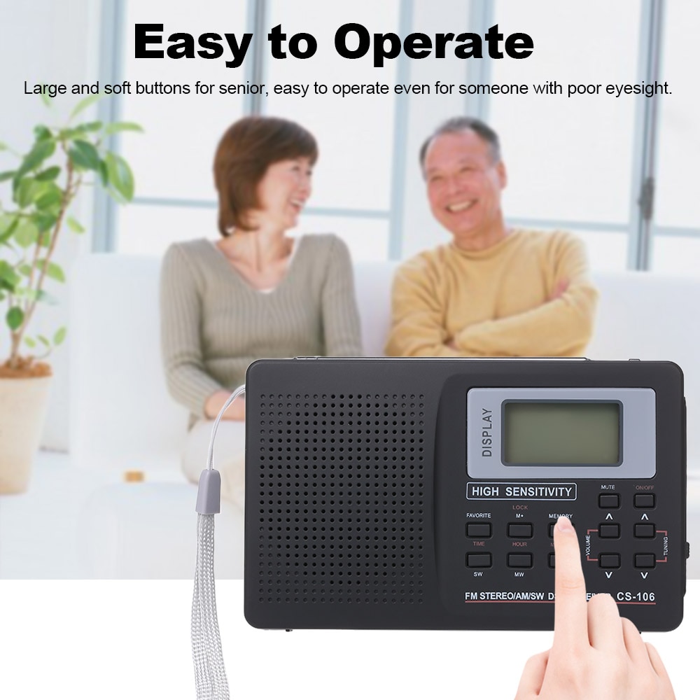 Portable radio FM AM SW Radio Multiband Digital Stereo Radio Receiver Earphone Time Display External Antenna with Alarm Clock