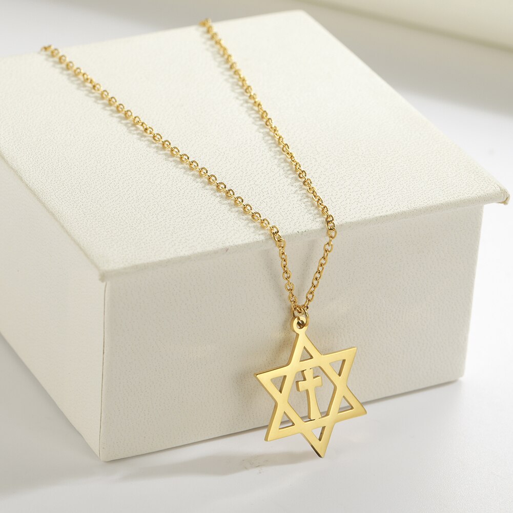 Män kvinnor trendiga magen david star hänge halsband israel judisk rostfritt stål kedja star of david cross charm choker smycken: 2 guld korshalsband