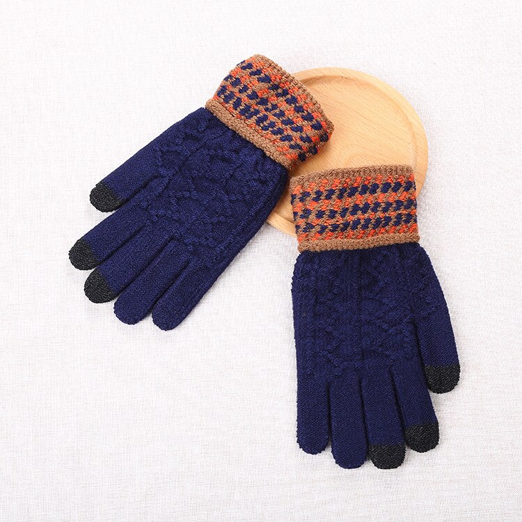 Winter Gloves Men Knitting Touch Screen Thicker Keep Warm Mens Mittens Males Patchwork Glove Simple Chic: Dark Blue