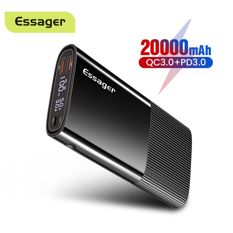 Essager-power bank 20000 mah usb tipo c, pd, qc 3.0, bateria portátil externa para xiaomi 20000 mah