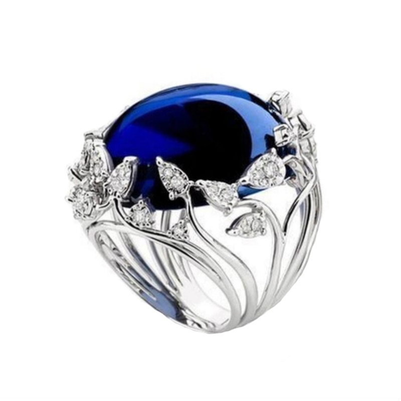 Zilver Donkerblauw Kristal Wijnstok Ring Voor Wiomen Bruiloft Huwelijk Engagement Ring Sieraden