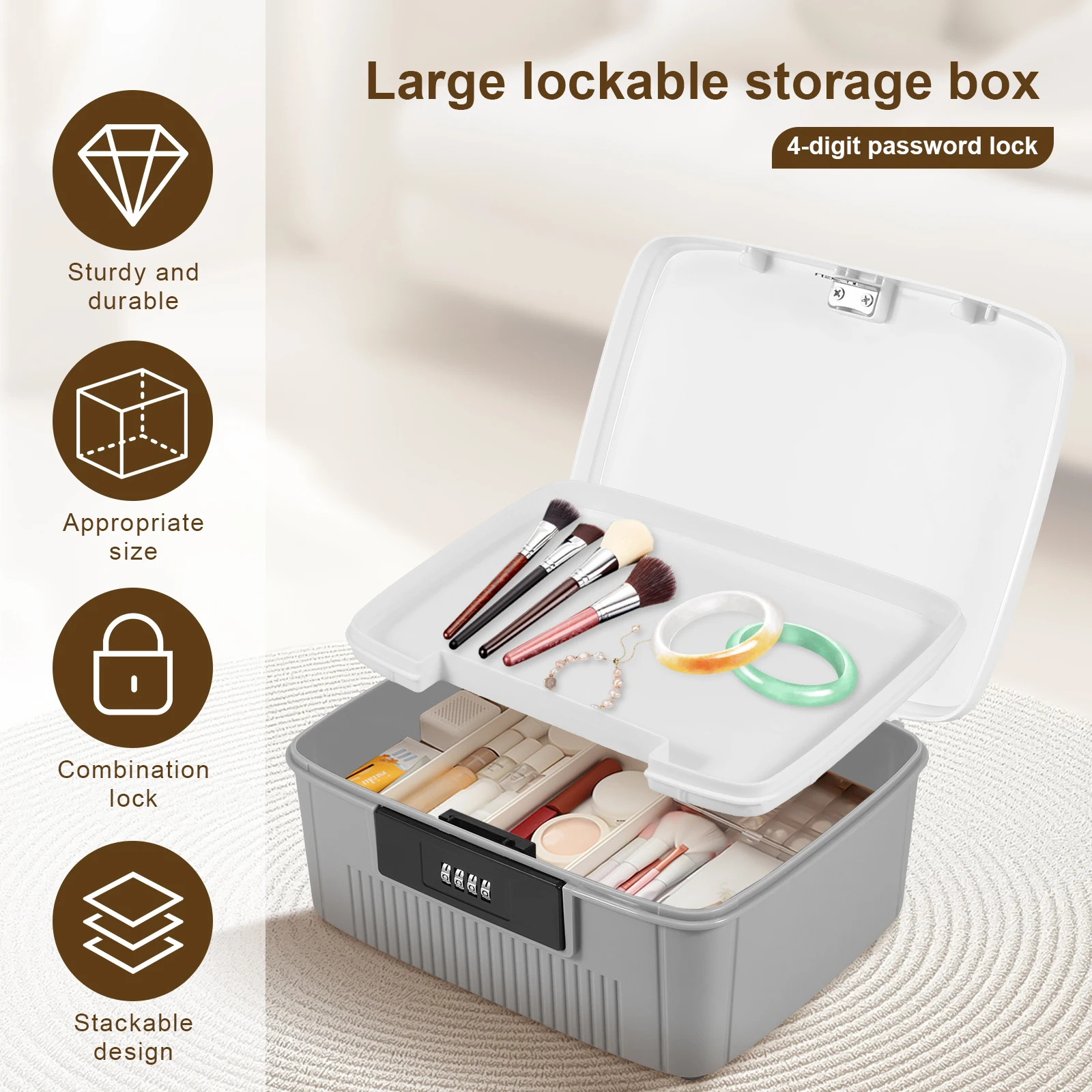 Caja de seguridad con bloqueo de contraseña, organizador de privacidad robusto para el hogar, caja de documentos y identificación, gran capacidad bloqueable para caja de almacenamiento de escritorio