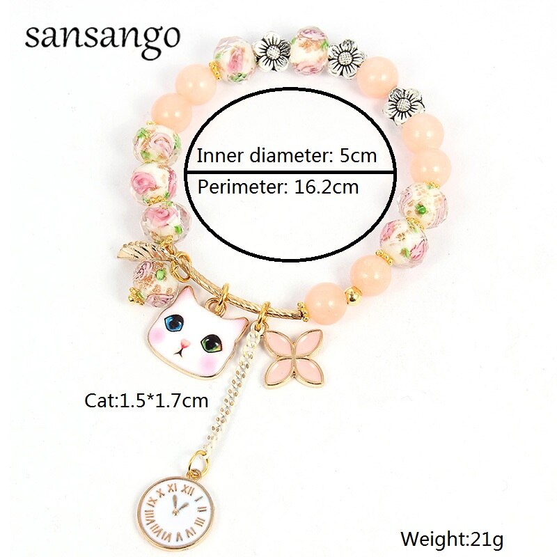 Mode Armband Voor Vrouwen Leuke Kitten Hanger Charm Armband Natuursteen Kralen Bangle Meisjes Kinderen Sieraden