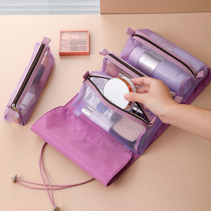 4 In 1 Detachable Makeup Bag Women Zipper Mesh Large Capacity Cosmetics Pouch Foldable Portable Travel Wash Storage Bag