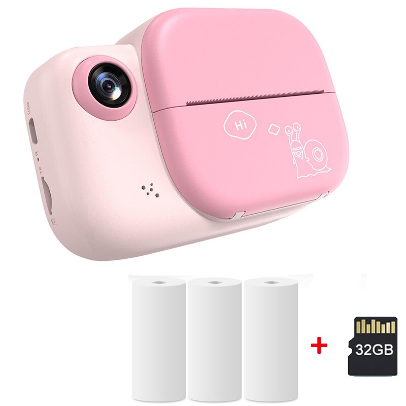 Children Camera Instant Print Camera For Kids Video Photo Digital Camera for Child Printing Camera with 3 Rolls Thermal Paper: Pink- 32GB Card