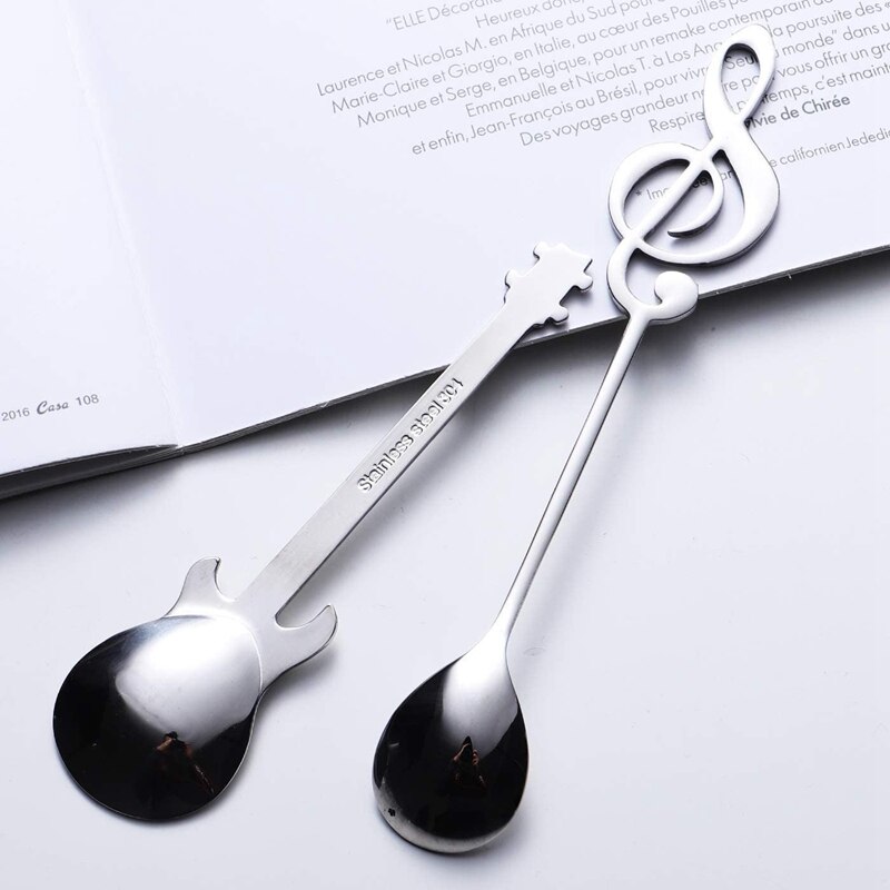 6Pcs Note Spoon and Guitar Spoon Set Teaspoon Stainless Steel Note-Shaped Coffee Spoon (3 Notes + 3 Guitars)