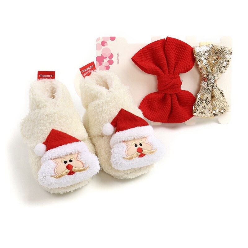 Bebê bonito primeiro andar sapatos menina menino macio anti-deslizamento sapatos natal cervos papai noel bonito sapatos de bebê + 2 headbands/2 meias terno: B / -L