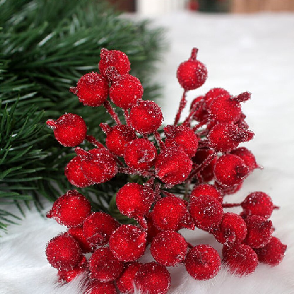Mini jul frostede kunstige bær levende røde kristtorn bær juletræ dekorative kunstige blomster dobbelt hoveder