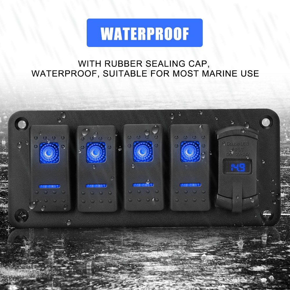 Voltímetro Digital para coche marino, impermeable, doble puerto USB, 4 bandas de palanca de interruptor basculante, 12V/24V, Panel de interruptor LED + pegatina