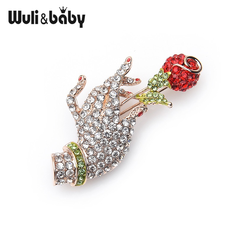 Wuli & bebê espumante mão segurando rosa dia dos namorados broche presente para as mulheres 2019 ano novo moda jóias strass completo