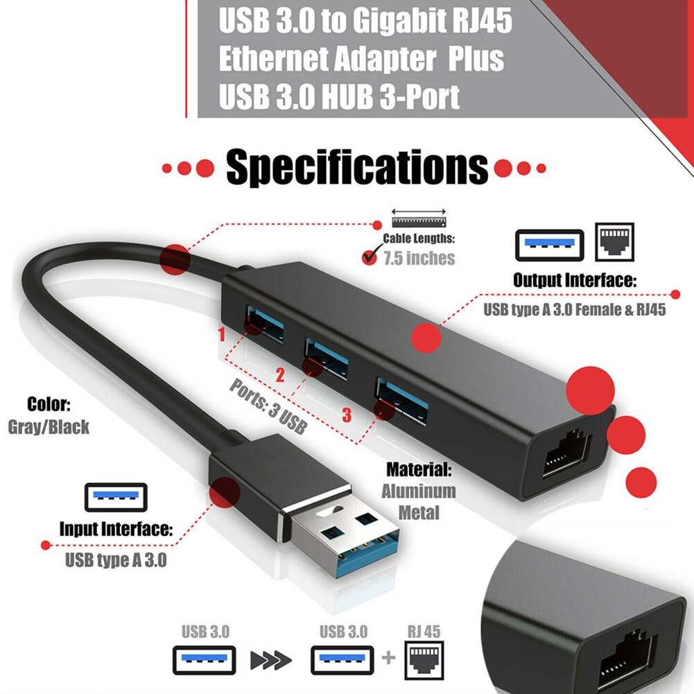 1000Mbps para centro para PC Home estable con convertidor RJ45 Universal 3 puertos tabletas Office Plug And Play adaptador de red USB Ethernet