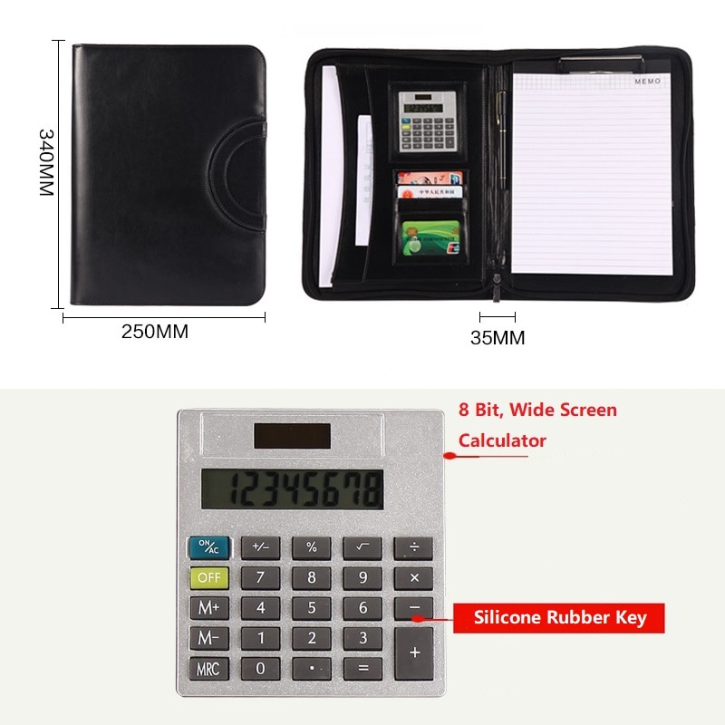 Main A4 Taille En Cuir Liant Portefeuille Document Organisateur Dossier D'affaires avec Presse-papiers Calculatrice Poignée Fermeture Éclair
