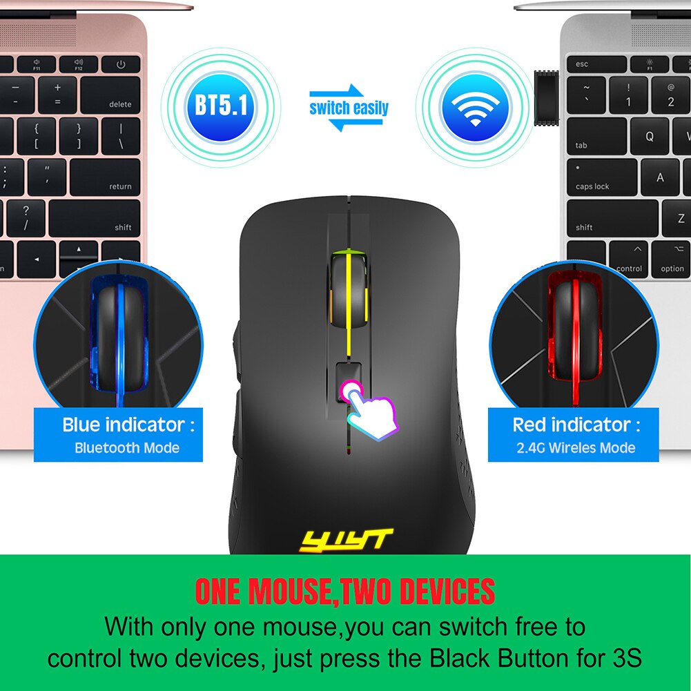 2.4GHz Bluetooth Gaming Optical Mouse Ergonomic 3 Gears 2400 DPI Adjustable Rechargeable Colorful Backlight Wireless Mice