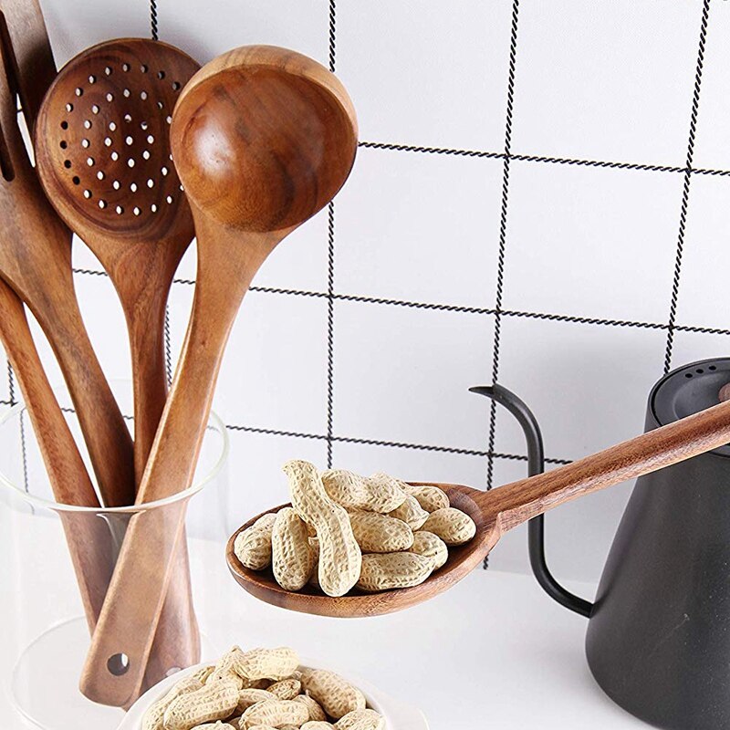 Big Healthy Cooking Utensils Set Wooden Cooking Tools Natural Nonstick Hard Wood Spatula and Spoons - Durable Eco-Friendly