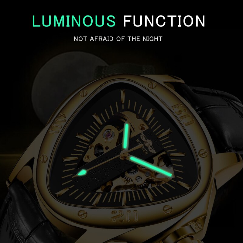 WINNER Men Automatic Mechanical Watches Steampunk Triangle Golden Skeleton Movement Mysterious Luminous